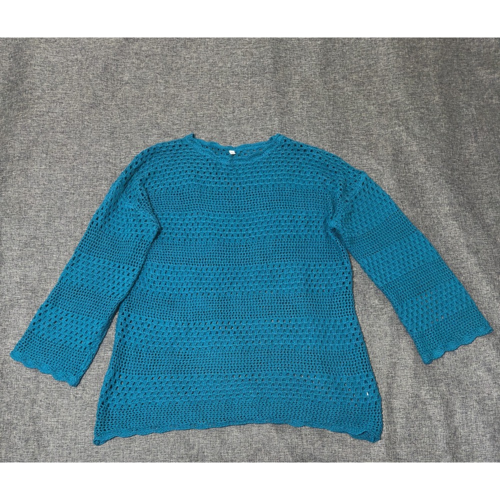 Unbranded Women XL Sweater Blue Crochet Knit Long Sleeve Casual Crew Neck